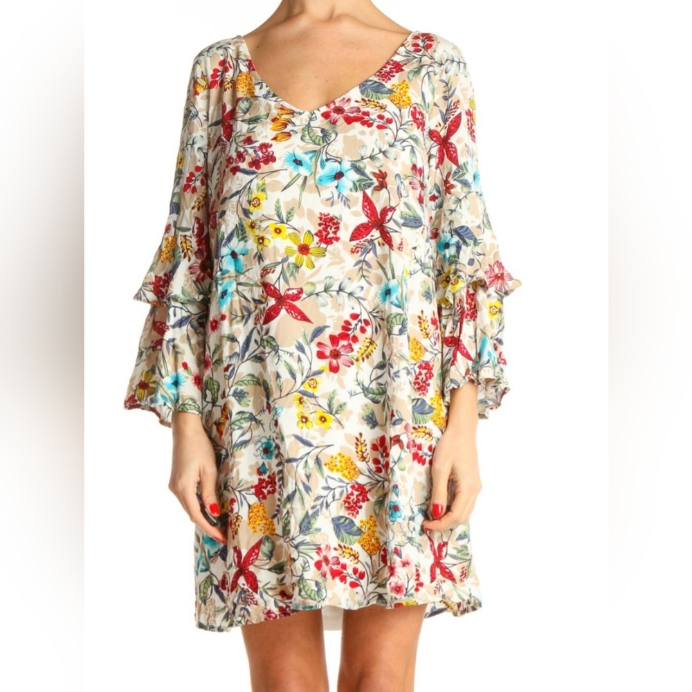 ◇Entro Beige Tropical Print Shift Dress Mini Babydoll Dress SZ Small 5 For 25